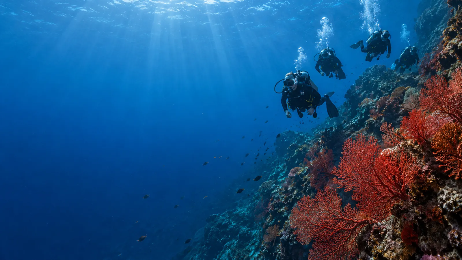 Palanquée de plongeurs au-dessus d'un tombant de Méditerranée, gorgonies rouges et lumière bleue